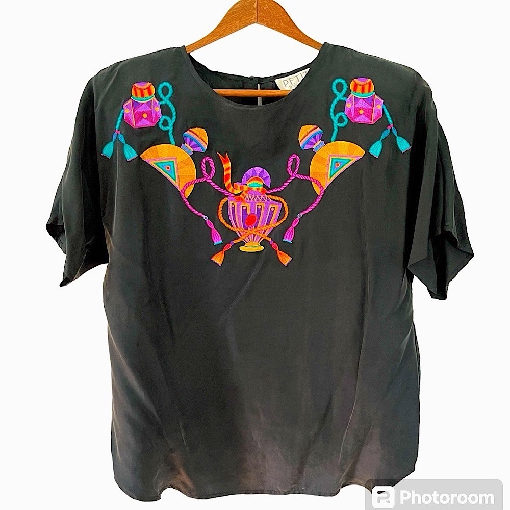 Vintage 80s Petite Sophisticate Black Silk Embroidered Top, size Petite Small